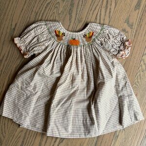 Smocked thanksgiving toddler Dress with turkeys and pumpkin. Beautiful for fall